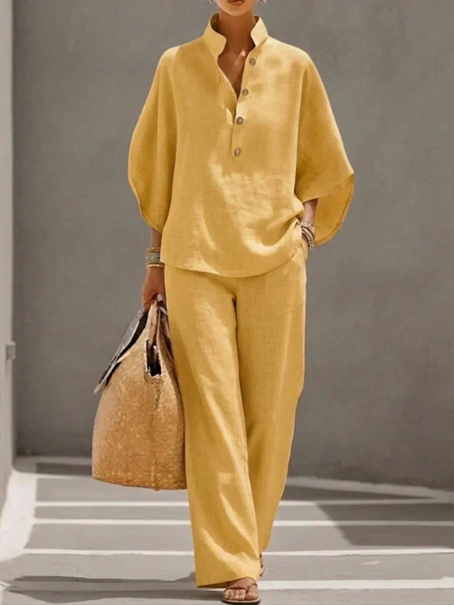 Sofía | Conjunto en lino con mangas murciélago y pantalón ancho