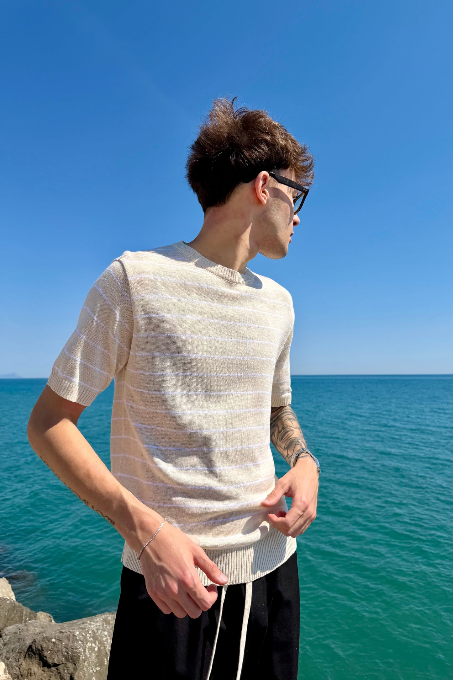 Camiseta de Hilo a Rayas Beige