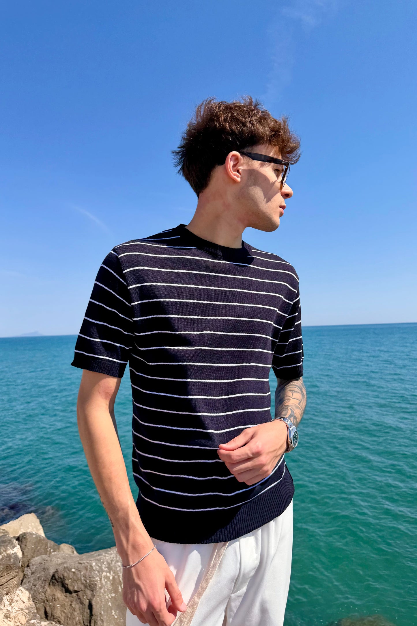 Camiseta de Hilo a Rayas Azul