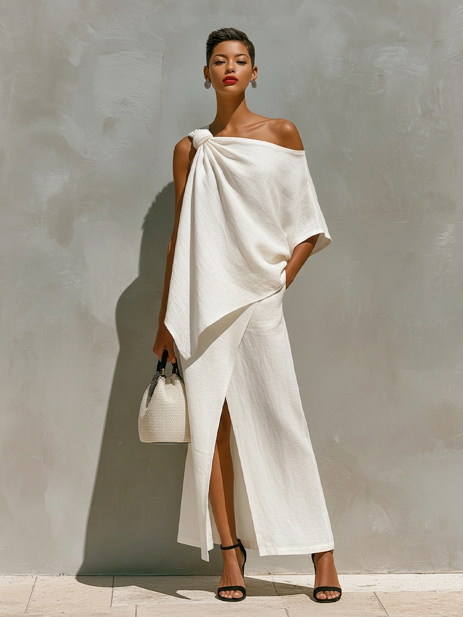 Teresa | Conjunto blanco con abertura frontal y hombro con nudo