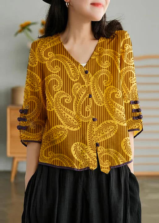 Cardigan giallo casual in fibra di ramia per donna, camicia ricamata