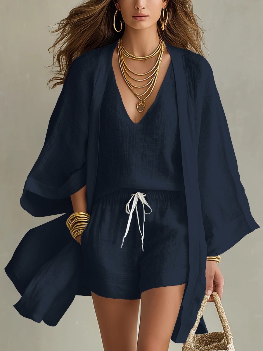 Camila | Drei-Teiliges Polyester-Leinen Cardigan & Shorts Set