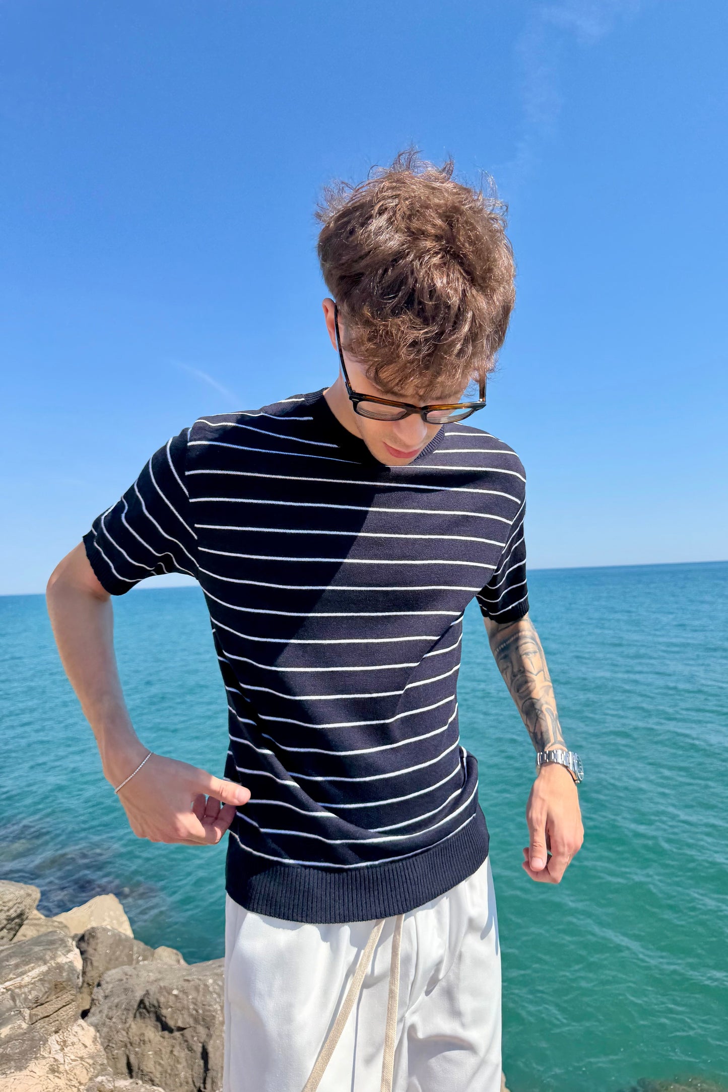 Camiseta de Hilo a Rayas Azul