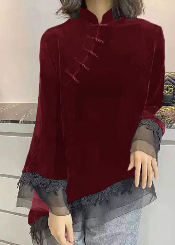 Camicia vintage nera in velluto con colletto rialzato, patchwork asimmetrico, autunno
