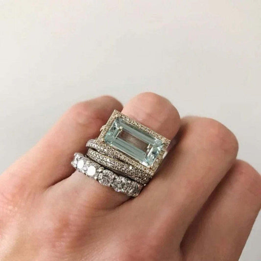 Set de Anillos Plateados Vintage con Turquesa de Cristal