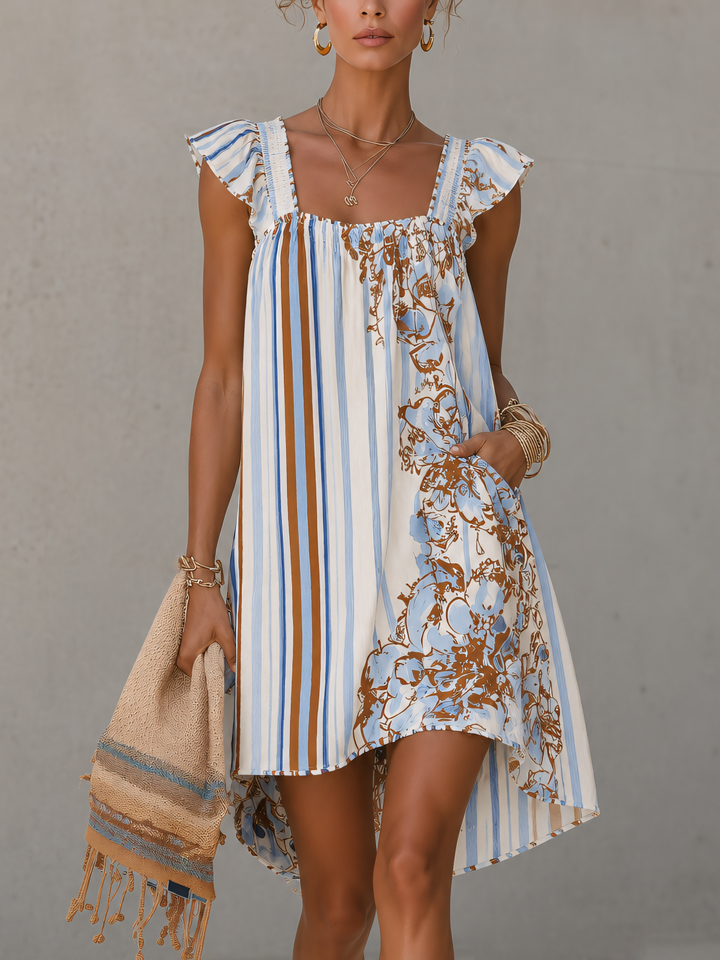 Susana | Vestido corto floral a rayas blancas con mangas de volantes