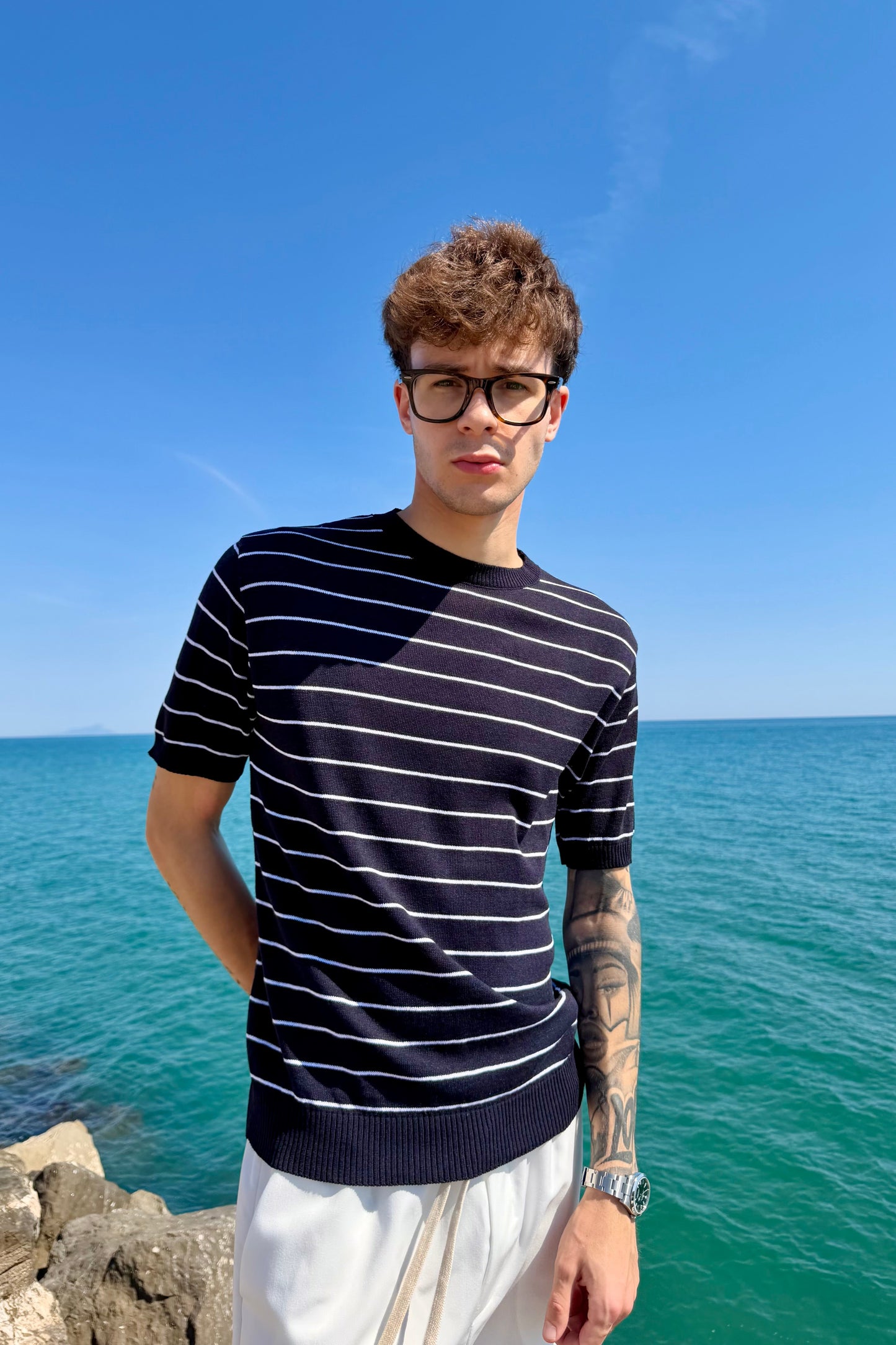 Camiseta de Hilo a Rayas Azul