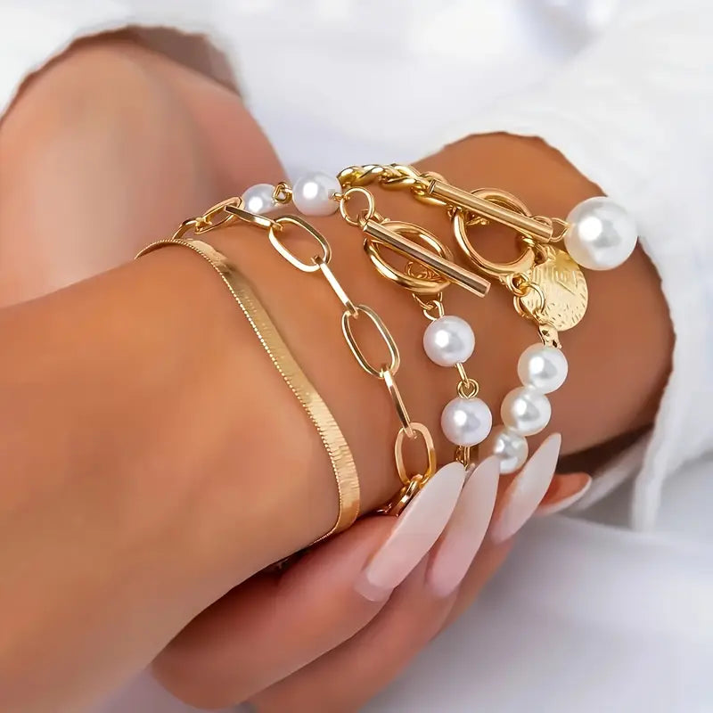 Chic Oro 4-Piece Pulsera Set - Snake, Perlas & Eslabones | Oro