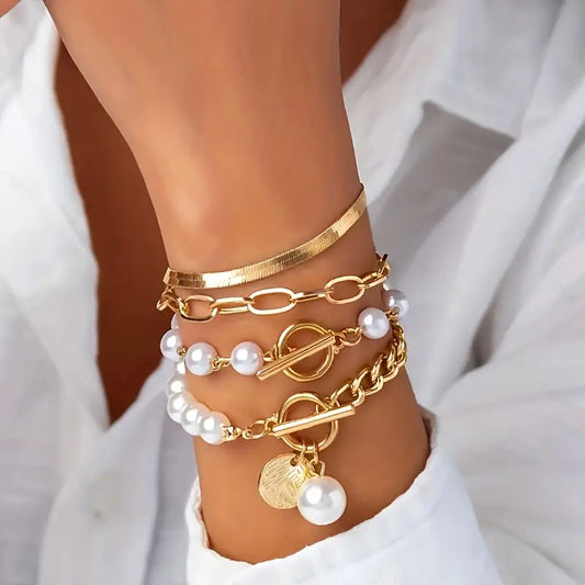 Chic Oro 4-Piece Pulsera Set - Snake, Perlas & Eslabones | Oro