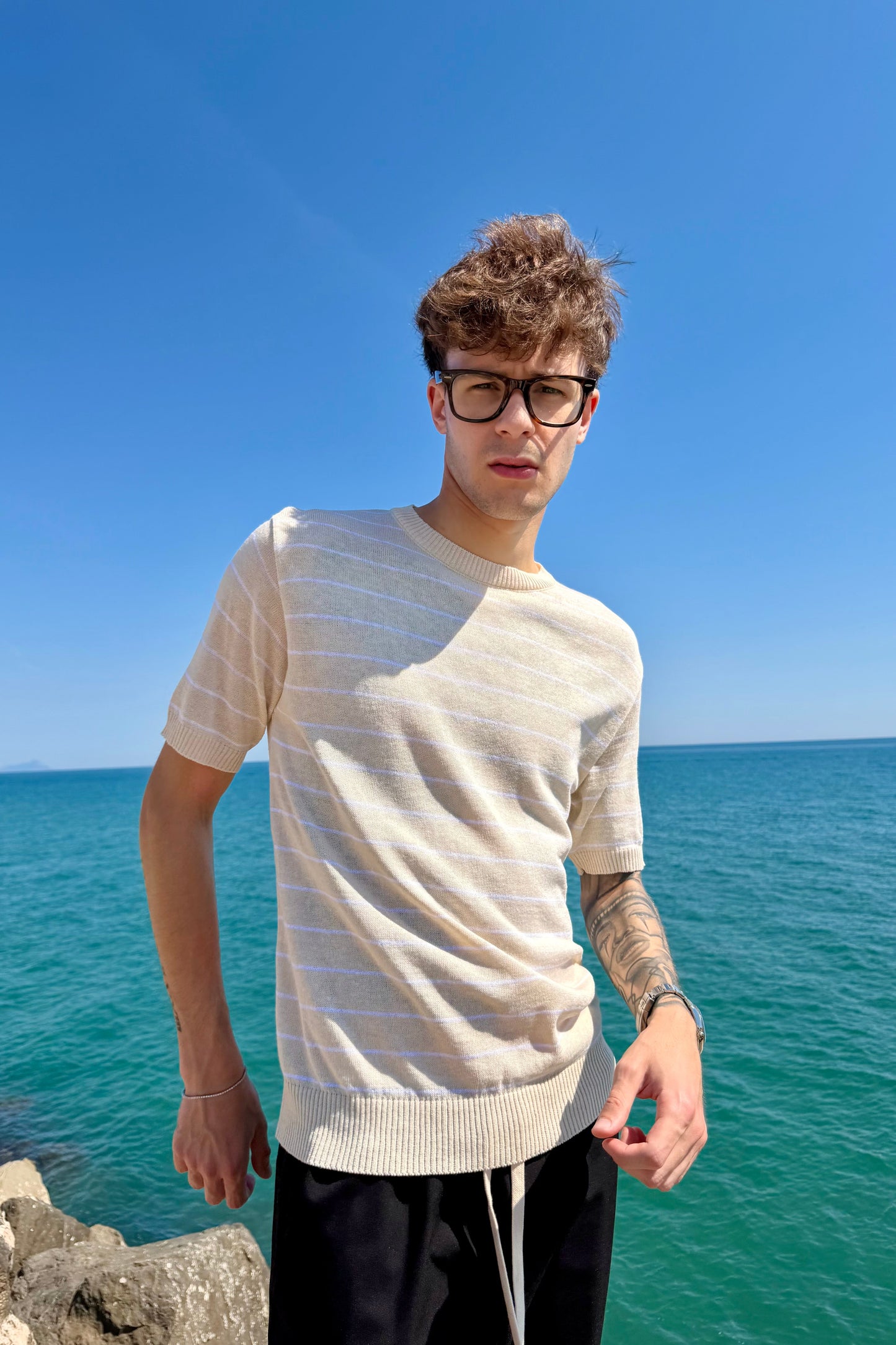 Camiseta de Hilo a Rayas Beige