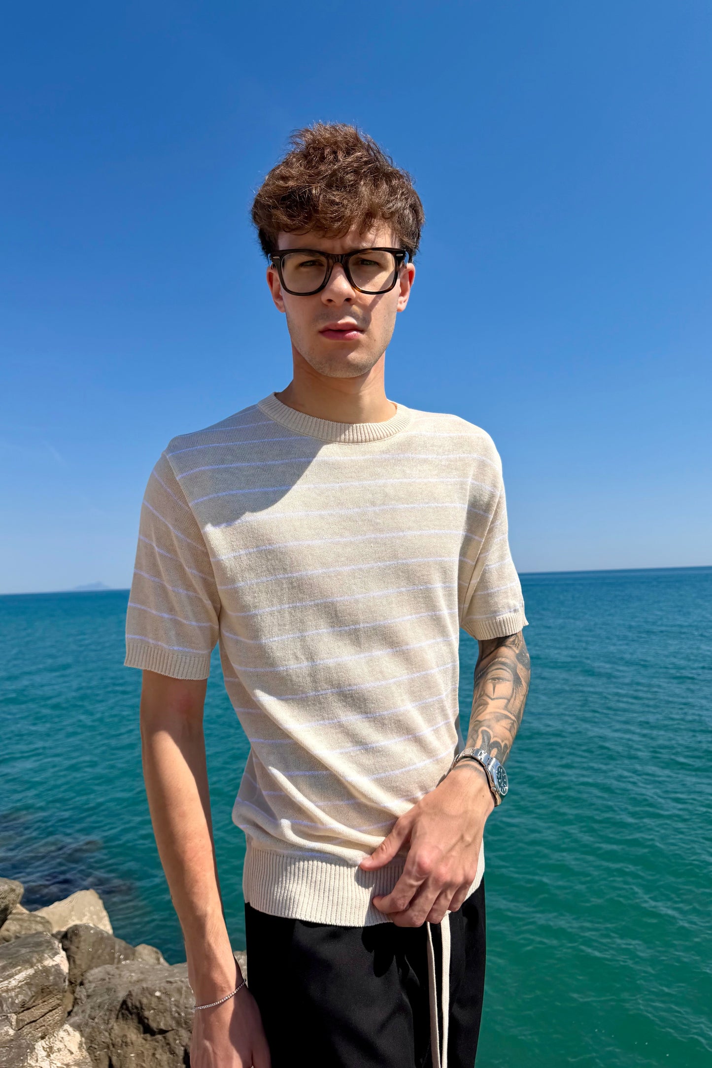 Camiseta de Hilo a Rayas Beige