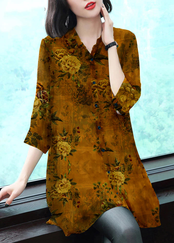 Camicetta in chiffon elegante con colletto Peter Pan, stampa a bottoni, per l’estate