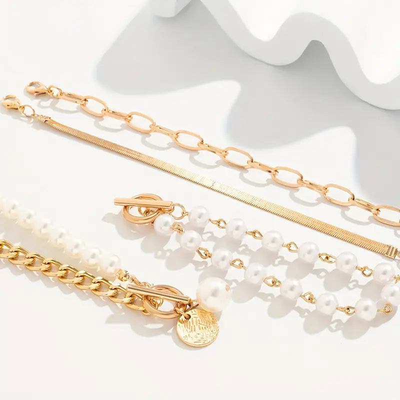 Chic Oro 4-Piece Pulsera Set - Snake, Perlas & Eslabones | Oro