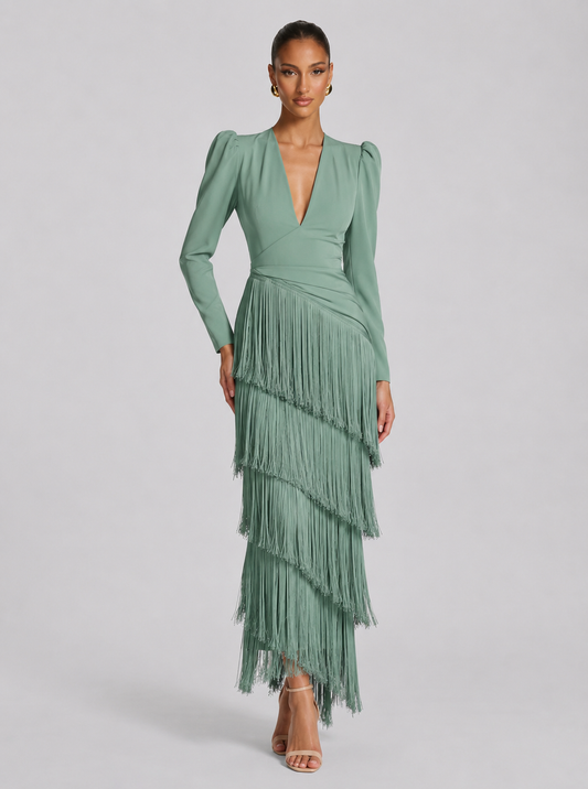 Clara™ - Vestido de Gala con Mangas de Flecos