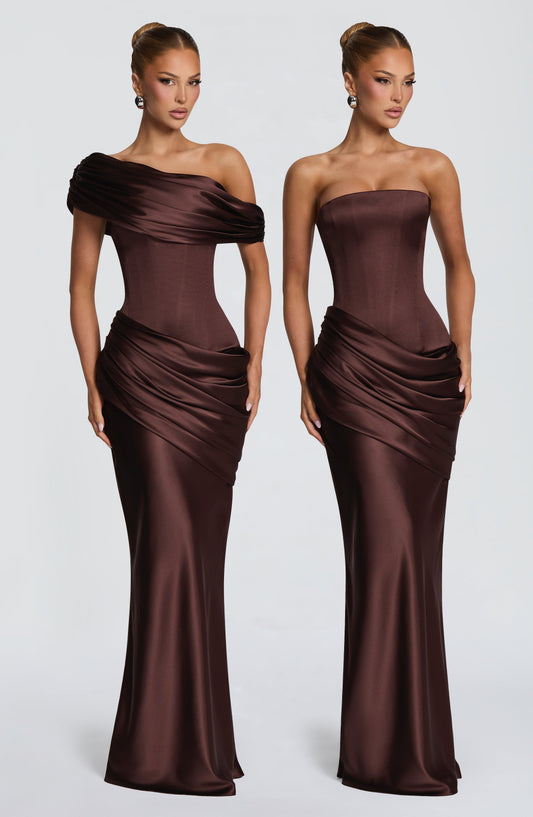 Lara™ - Vestido Largo Marrón Ciruela