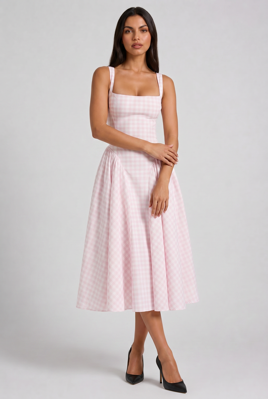 Sherrie - Vestido Midi Vichy Rosa