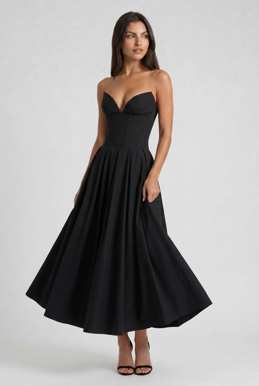 Amalfi - Vestido Corset Negro con Falda Amplia