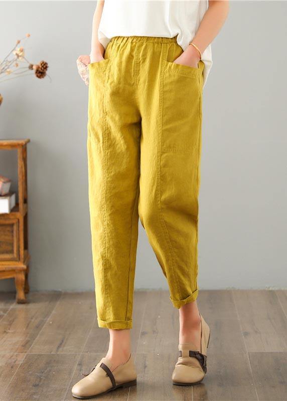 Pantaloni estivi in cotone e lino con tasche, colore giallo naturale