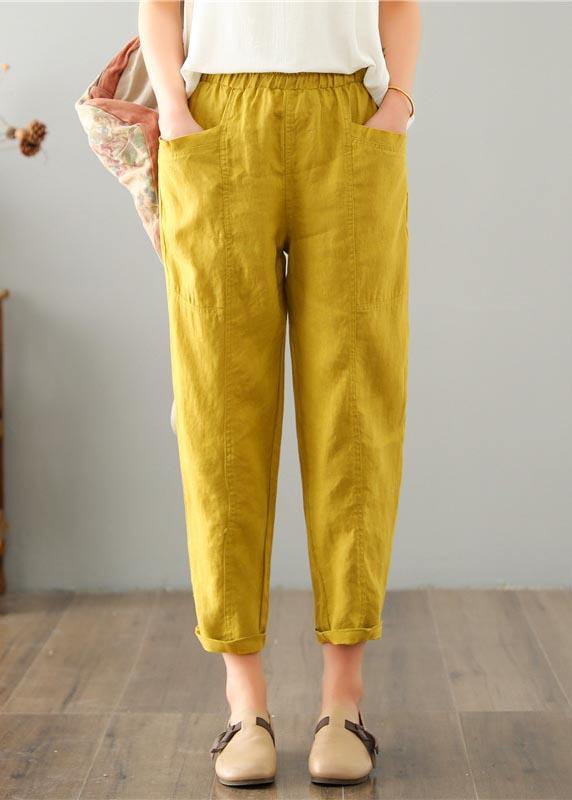 Pantaloni estivi in cotone e lino con tasche, colore giallo naturale