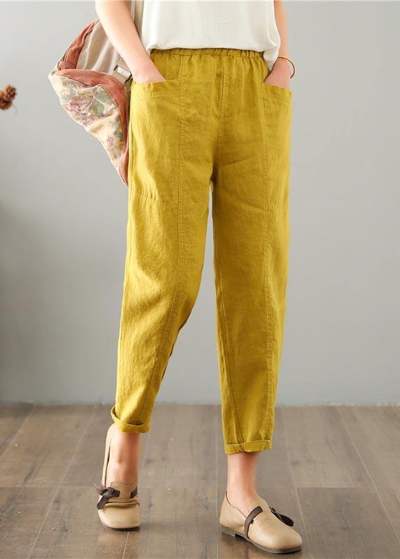 Pantaloni estivi in cotone e lino con tasche, colore giallo naturale