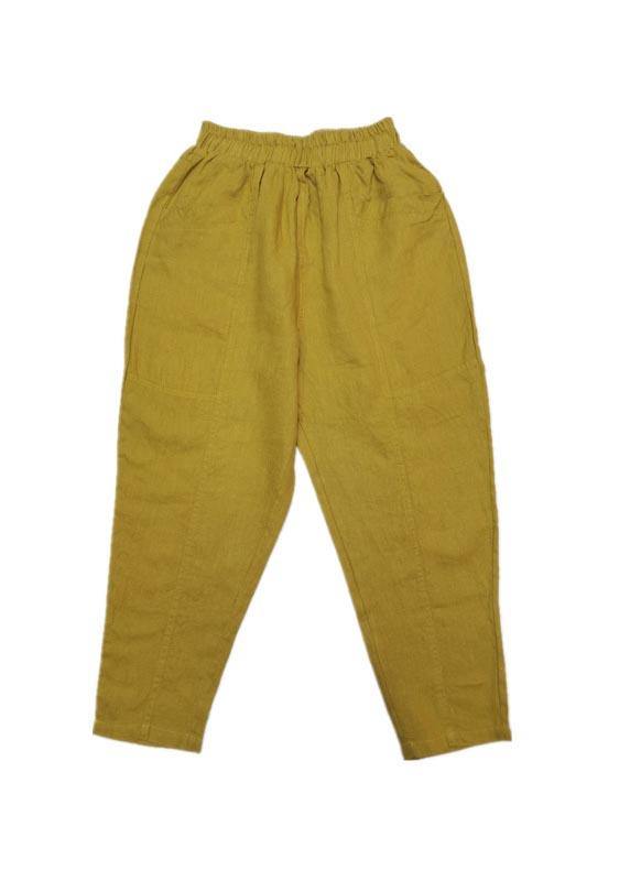 Pantaloni estivi in cotone e lino con tasche, colore giallo naturale