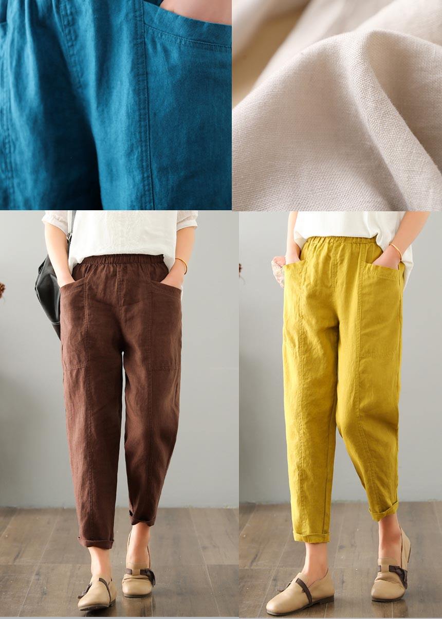 Pantaloni estivi in cotone e lino con tasche, colore giallo naturale