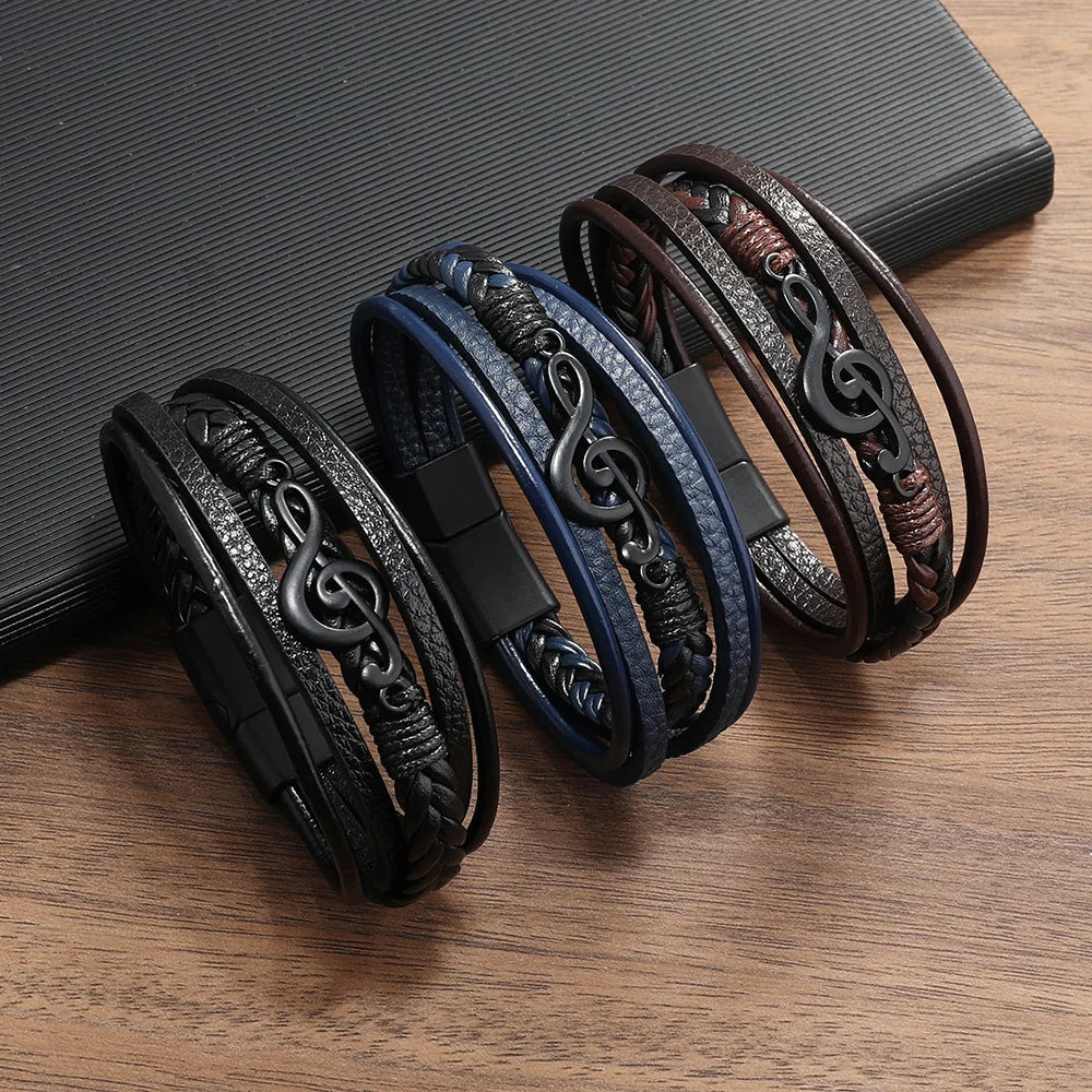Pulsera de cuero para hombre con símbolo musical