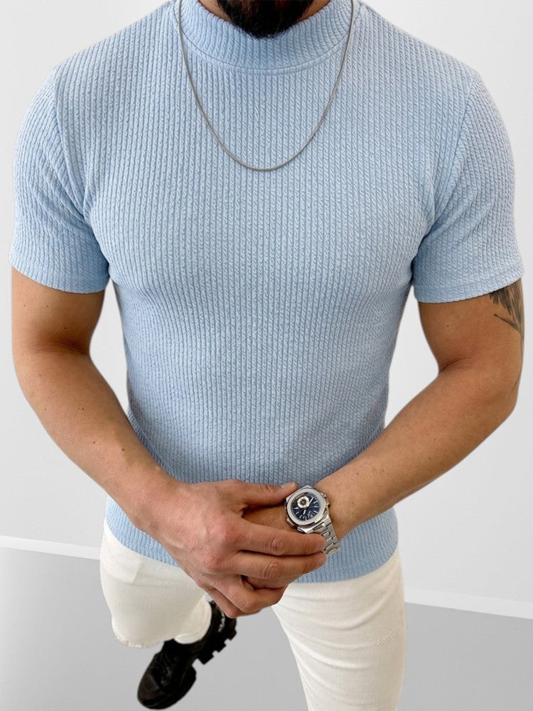 Camiseta de Manga Corta con Cuello Alto y Punto Trenzado Vertical