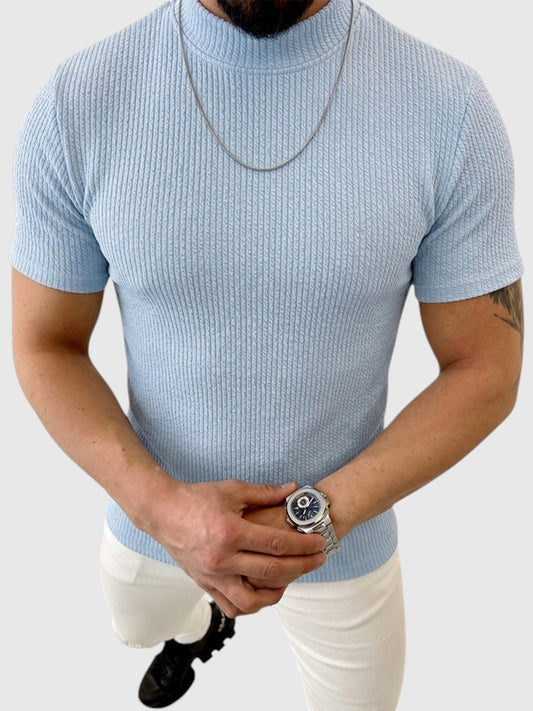 Camiseta de Manga Corta con Cuello Alto y Punto Trenzado Vertical