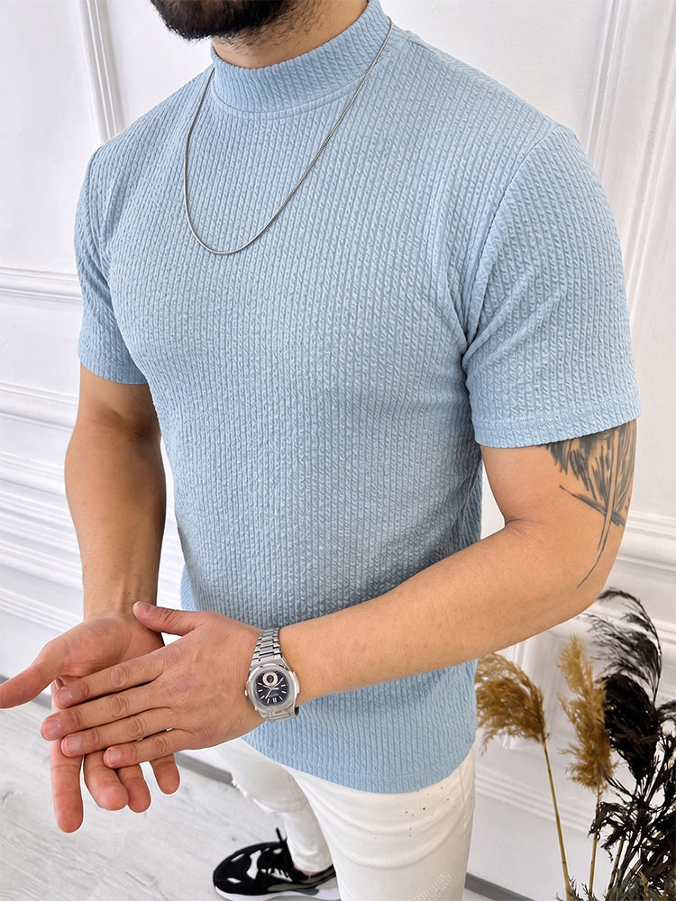 Camiseta de Manga Corta con Cuello Alto y Punto Trenzado Vertical