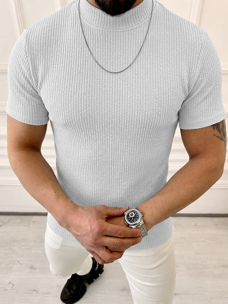 Camiseta de Manga Corta con Cuello Alto y Punto Trenzado Vertical