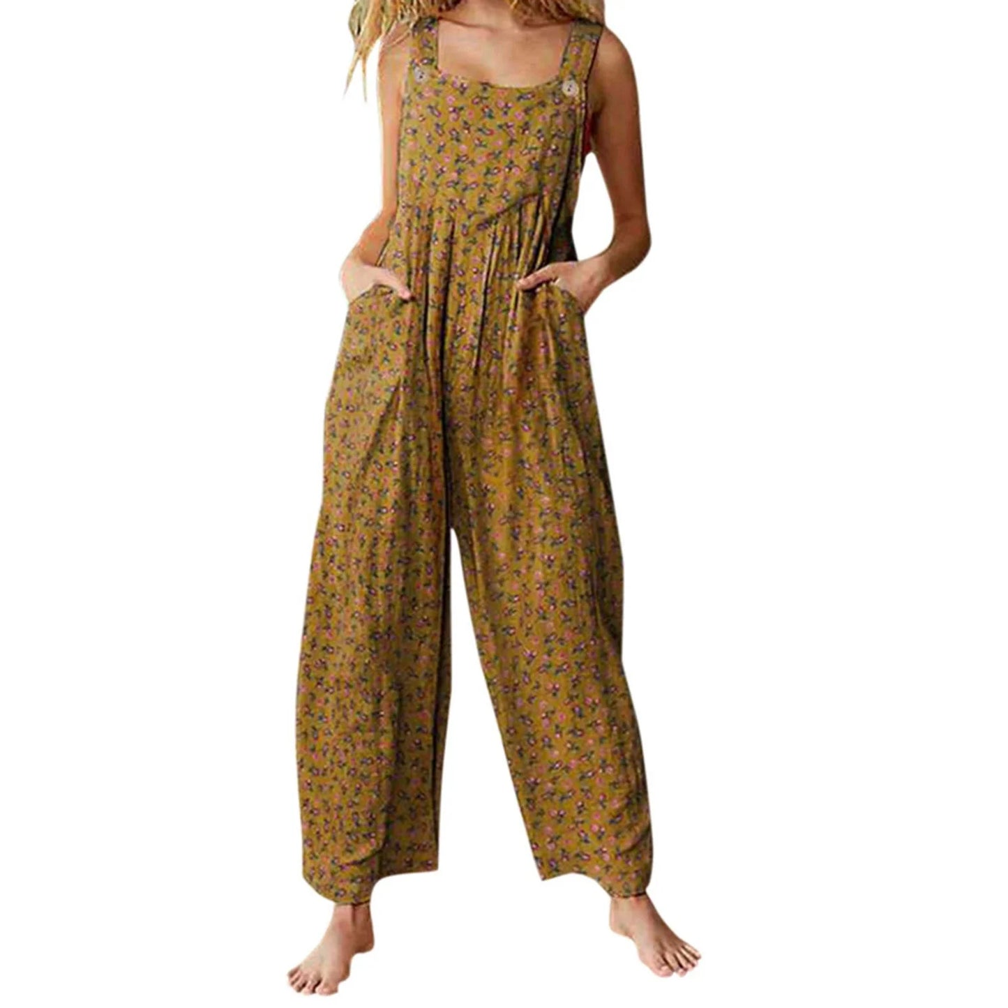 Mono corto casual y holgado para mujer, estilo bohemio, sin mangas, con cuello cuadrado y estampado floral.