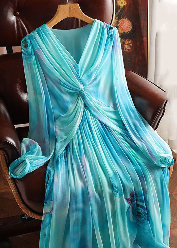 Vestito in seta blu con scollo a V, patchwork stampato, taglia XL, con orlo, primavera
