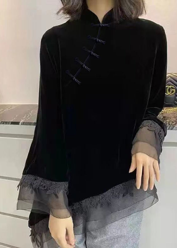 Camicia vintage nera in velluto con colletto rialzato, patchwork asimmetrico, autunno