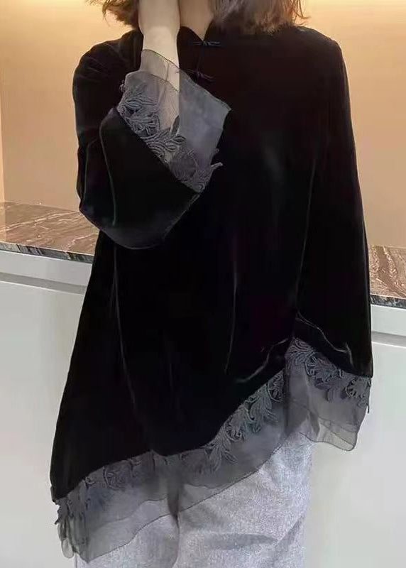 Camicia vintage nera in velluto con colletto rialzato, patchwork asimmetrico, autunno