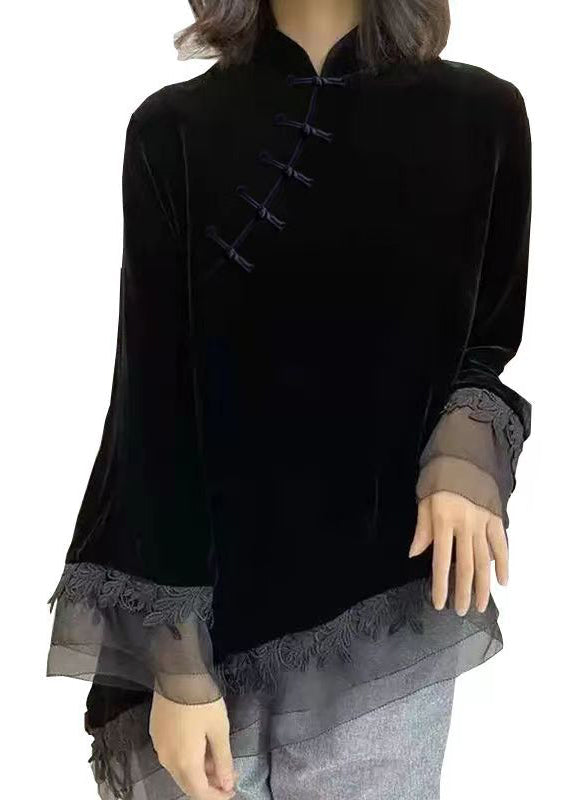 Camicia vintage nera in velluto con colletto rialzato, patchwork asimmetrico, autunno
