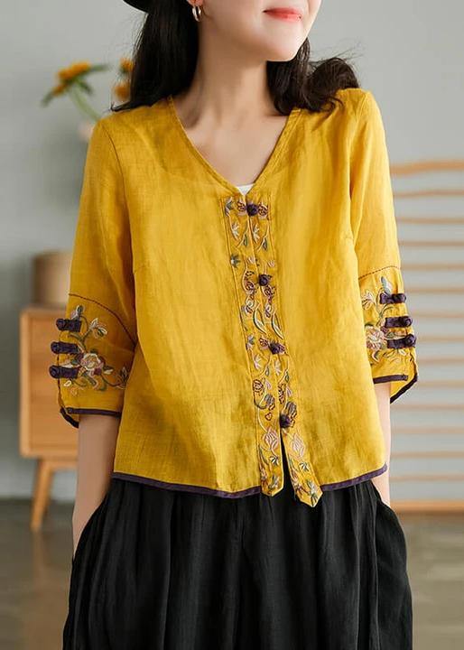 Cardigan giallo casual in fibra di ramia per donna, camicia ricamata
