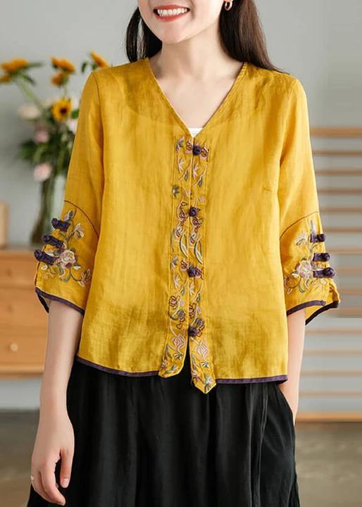 Cardigan giallo casual in fibra di ramia per donna, camicia ricamata