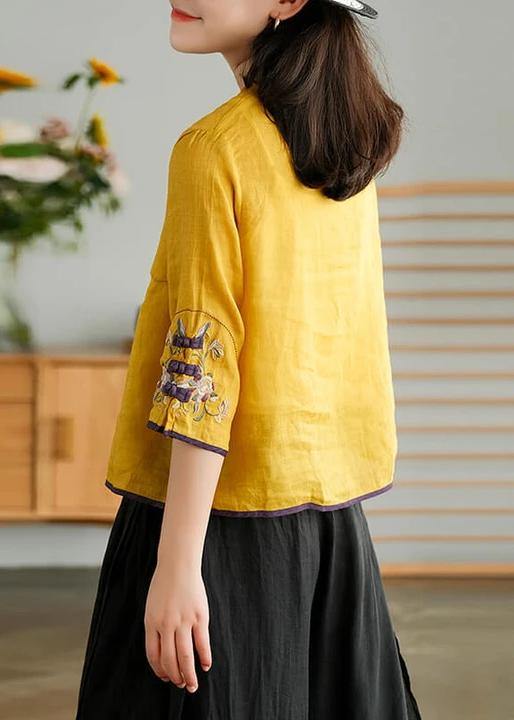 Cardigan giallo casual in fibra di ramia per donna, camicia ricamata