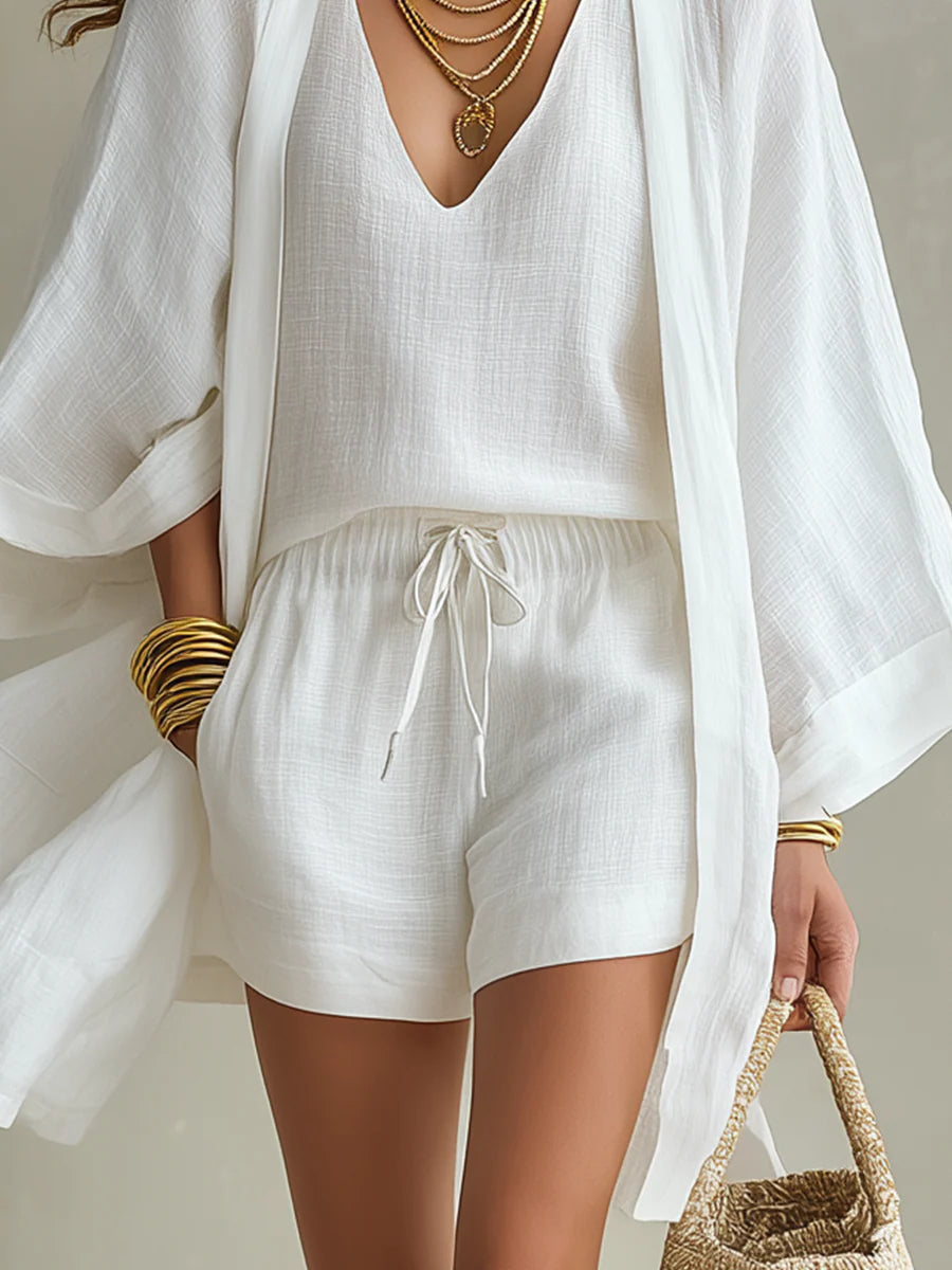 Camila | Drei-Teiliges Polyester-Leinen Cardigan & Shorts Set
