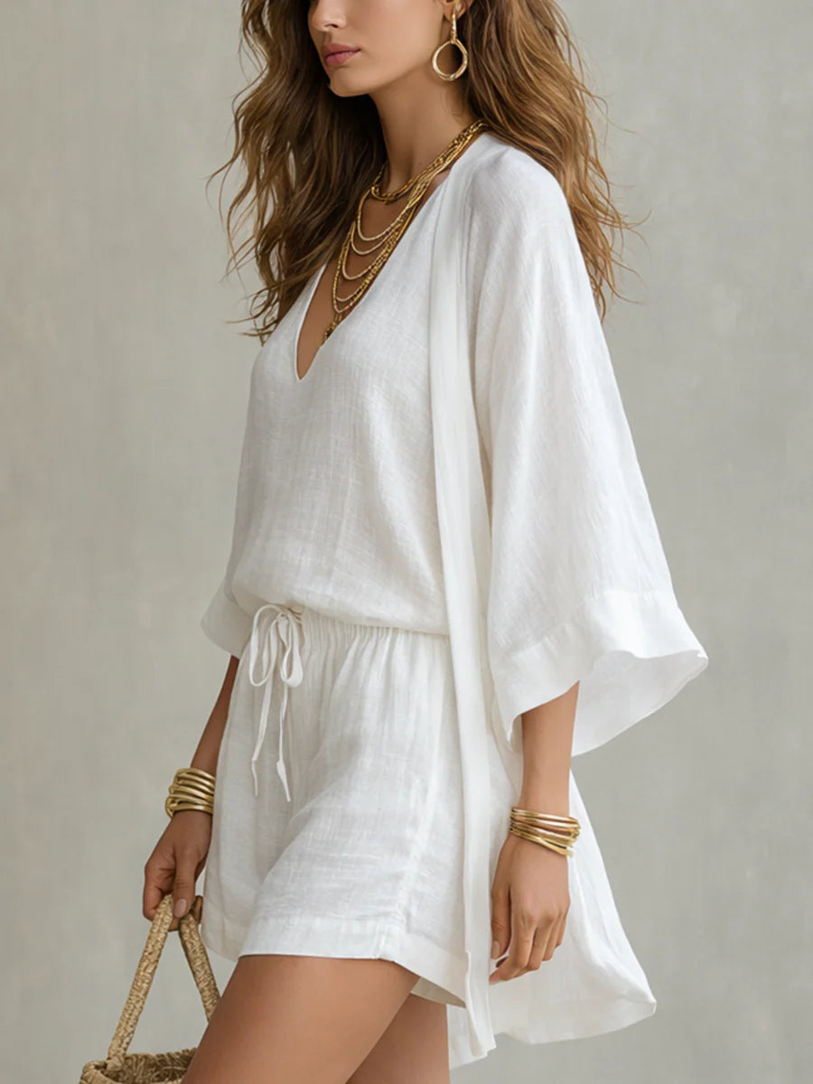 Camila | Drei-Teiliges Polyester-Leinen Cardigan & Shorts Set