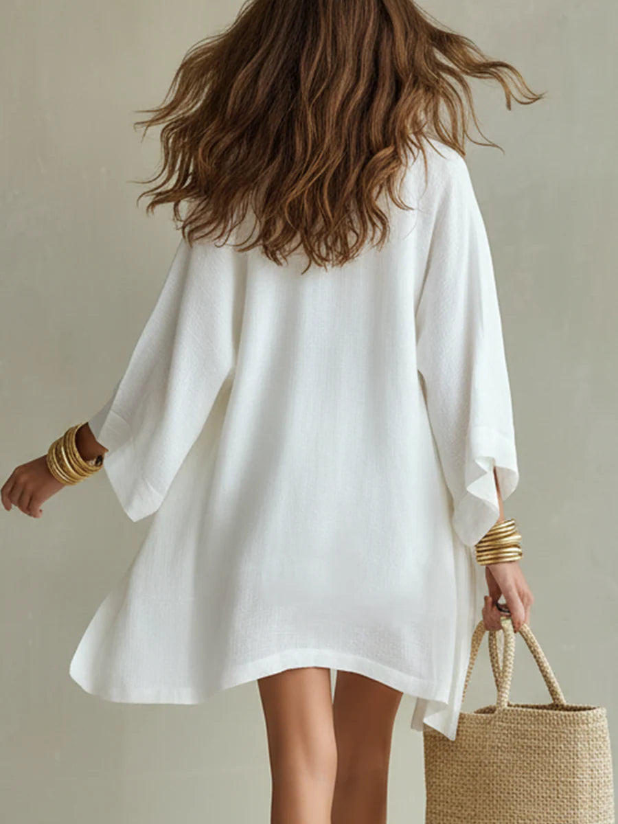Camila | Drei-Teiliges Polyester-Leinen Cardigan & Shorts Set