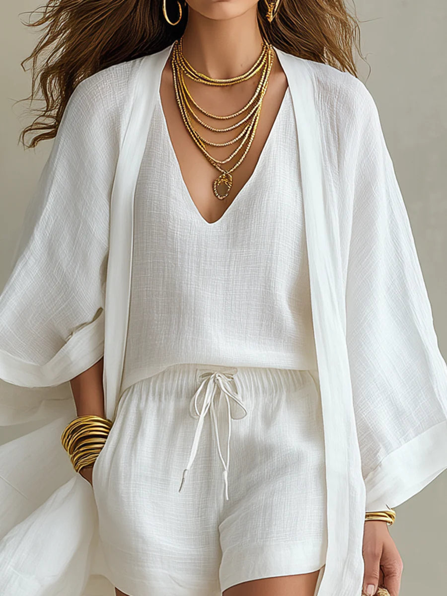 Camila | Drei-Teiliges Polyester-Leinen Cardigan & Shorts Set