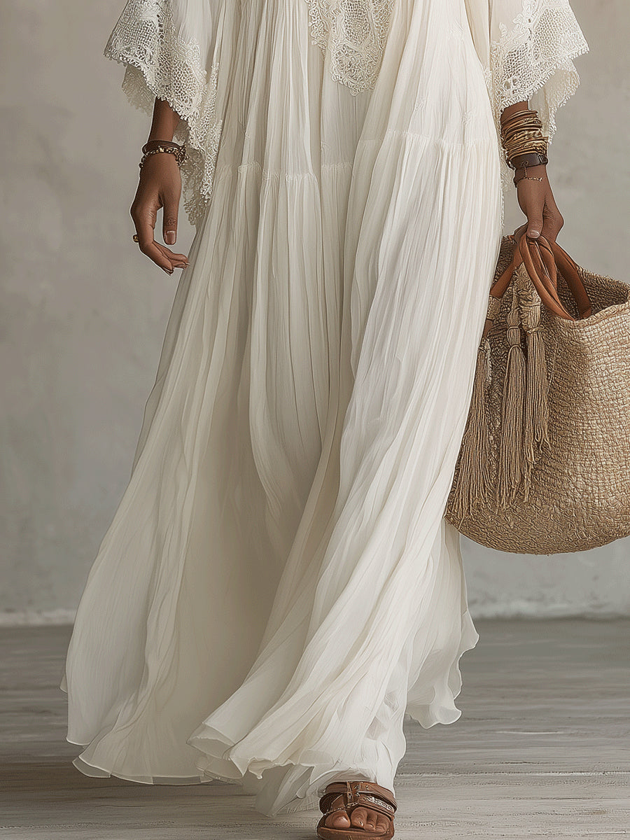 Celeste - Vestido largo de chifón marfil con mangas murciélago y encaje blanco