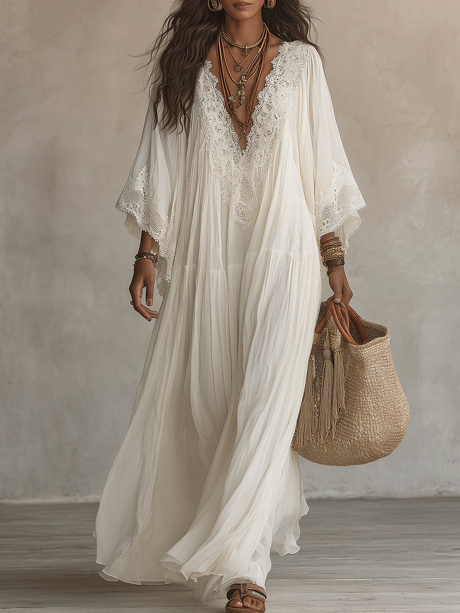 Celeste - Vestido largo de chifón marfil con mangas murciélago y encaje blanco