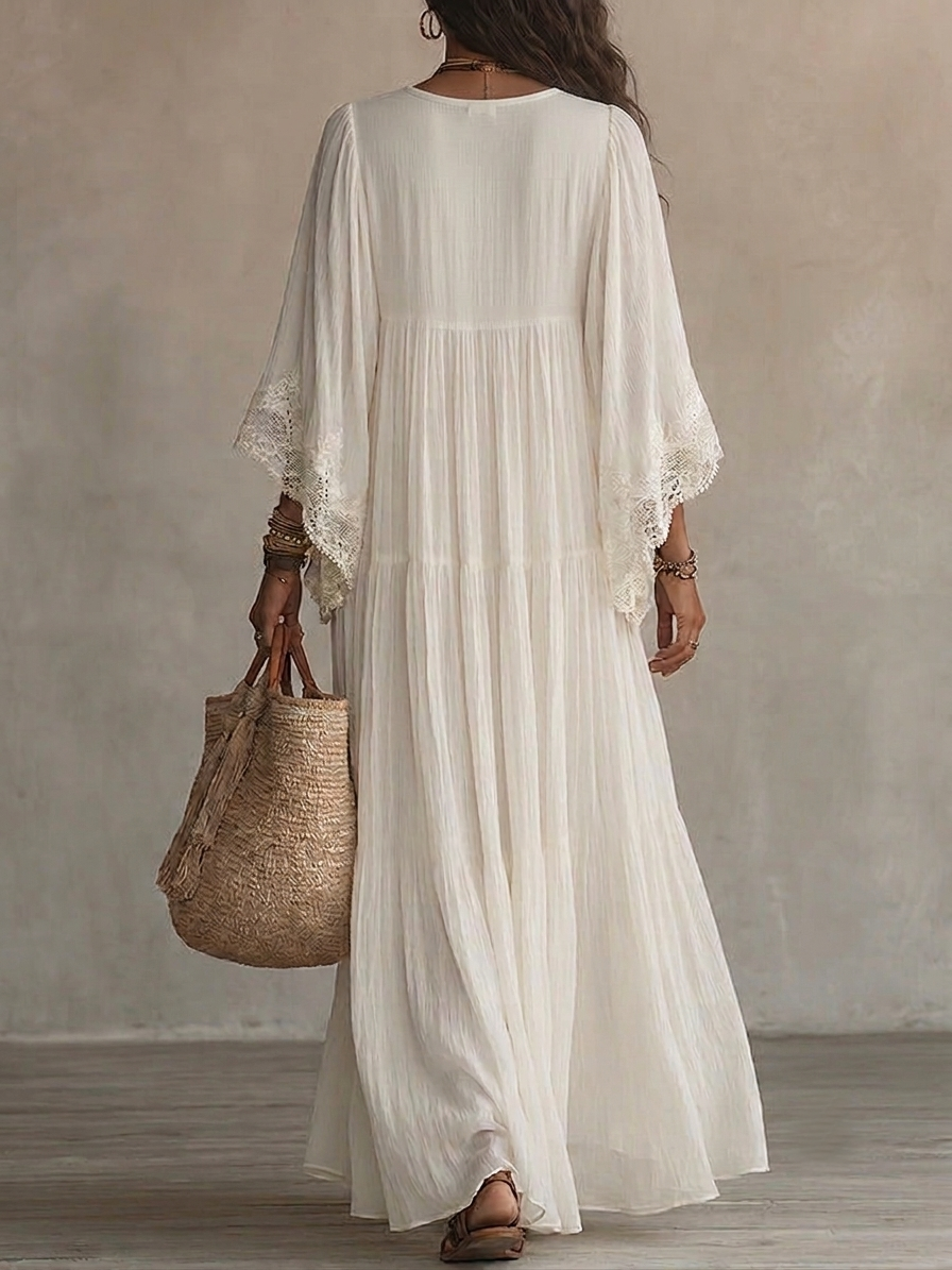 Celeste - Vestido largo de chifón marfil con mangas murciélago y encaje blanco