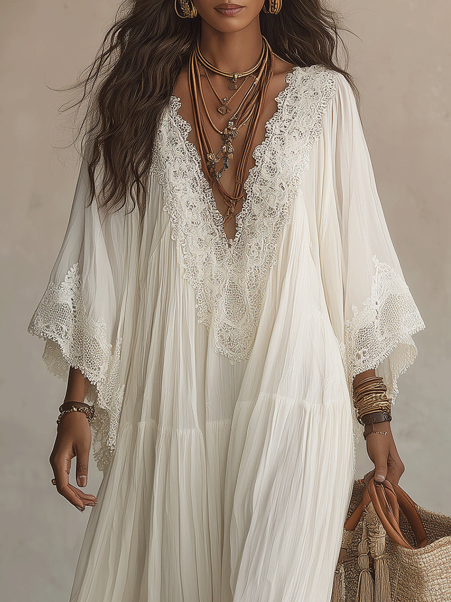 Celeste - Vestido largo de chifón marfil con mangas murciélago y encaje blanco