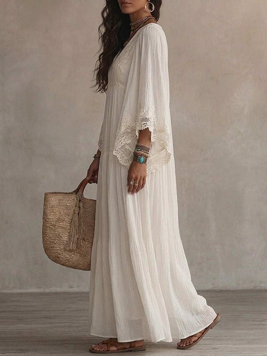 Celeste - Vestido largo de chifón marfil con mangas murciélago y encaje blanco
