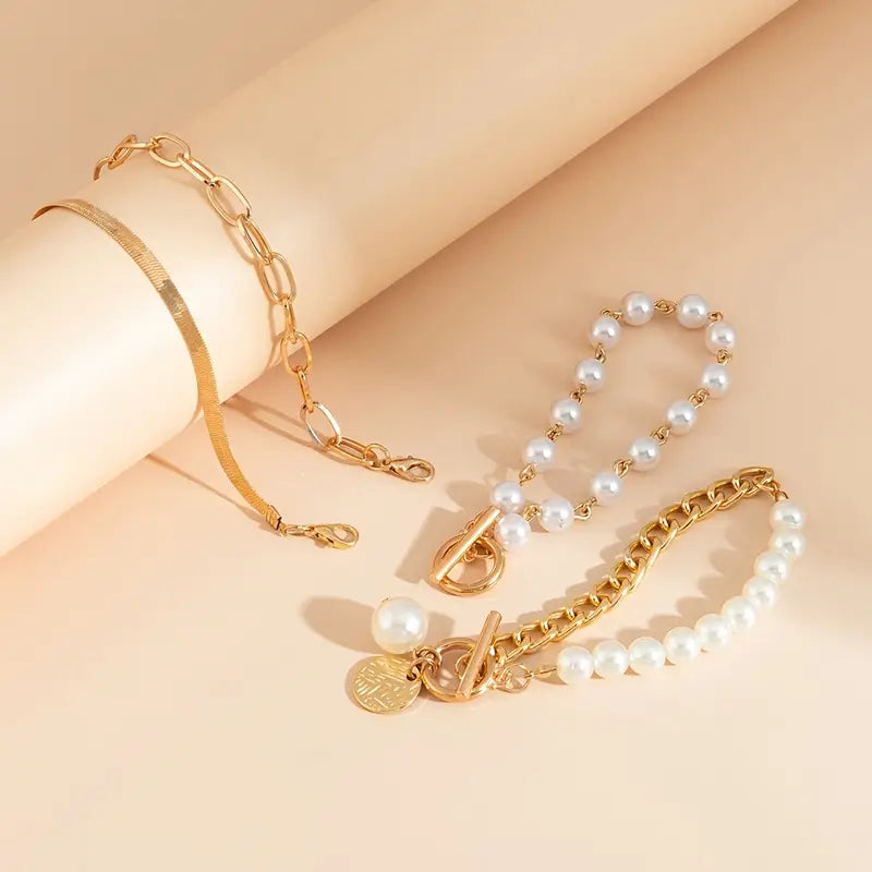 Chic Oro 4-Piece Pulsera Set - Snake, Perlas & Eslabones | Oro