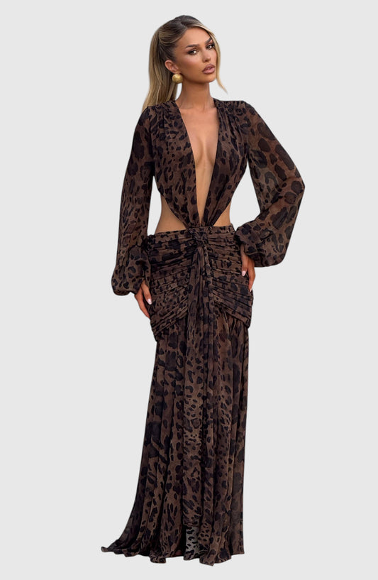 Andrina™ - Vestido Maxi de Gasa con Estampado de Leopardo